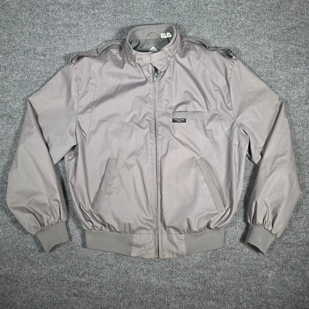 World Travel Club Mens Gray Harrington Jacket Epaulettes Med Made in Hong Kong